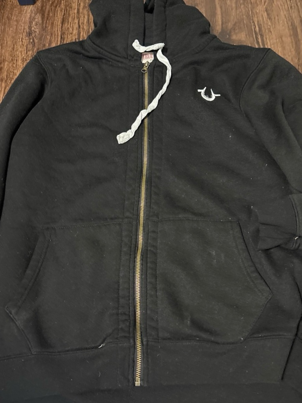 True Religion Black Zip-Up Hoodie with White Drawstring